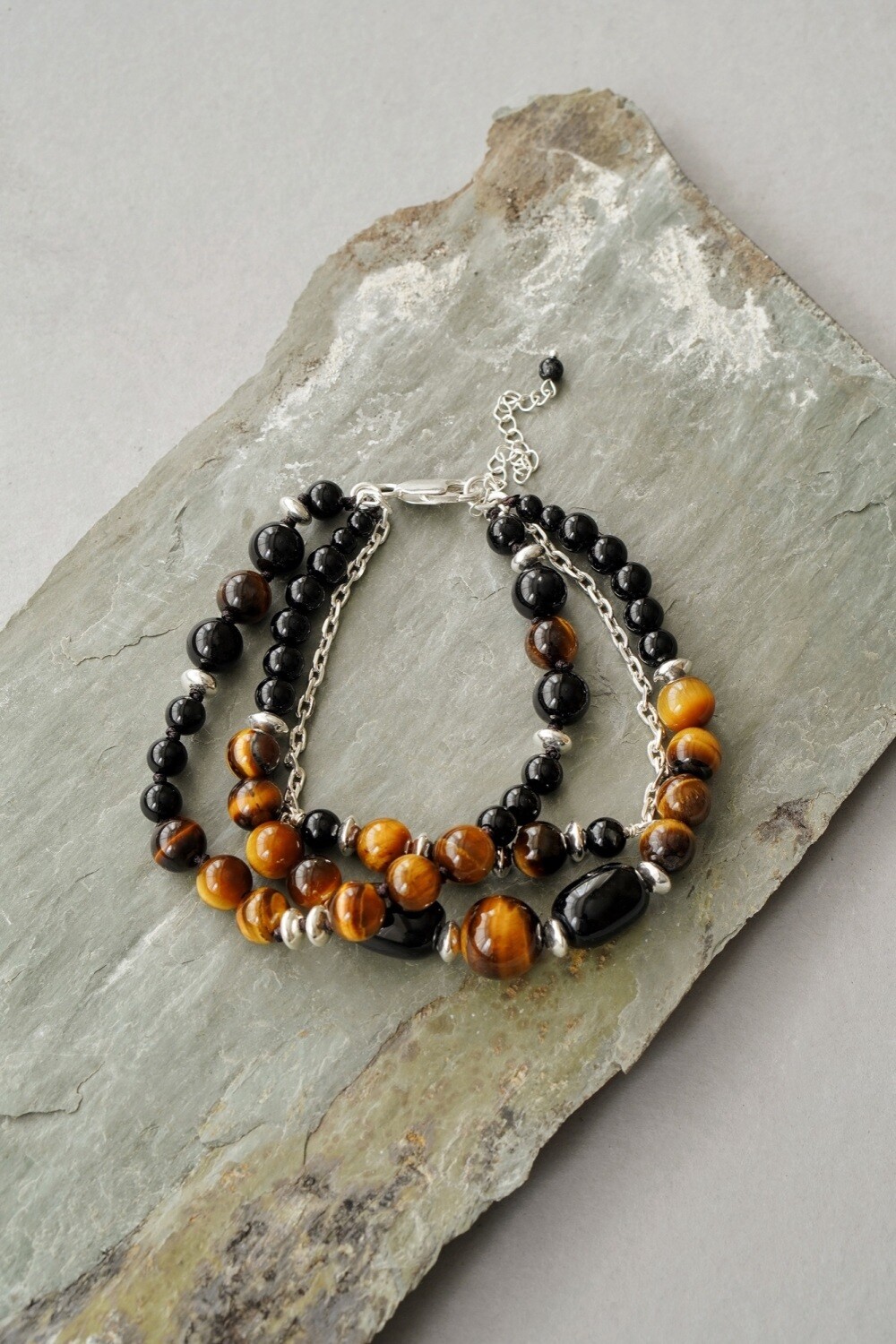Men&#39;s 925 Sterling Silver Tigers Eye and Black Onyx Layer Bracelet