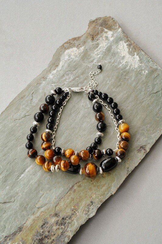 Men&#39;s 925 Sterling Silver Tigers Eye and Black Onyx Layer Bracelet