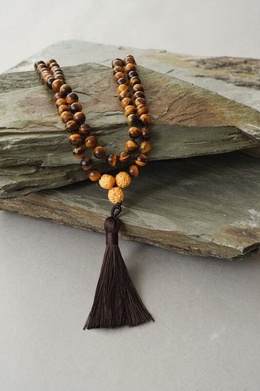 Men&#39;s Tigers Eye 108 Mala Bead Prayer Necklace with Tassel