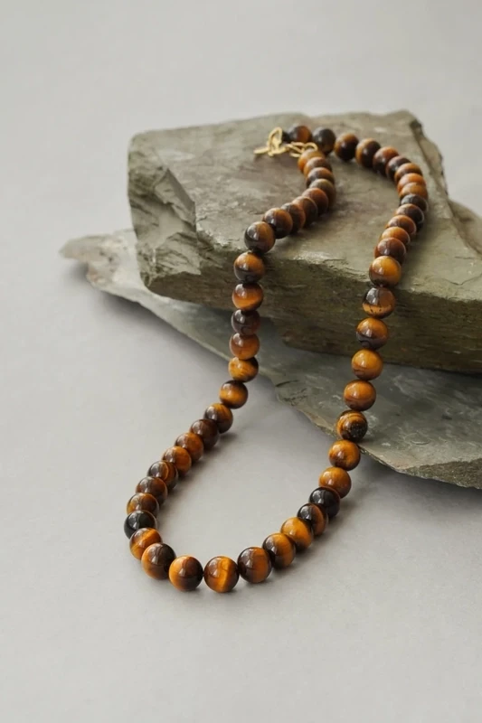 Men&#39;s Tigers Eye Chunky Statement Crystal and Brass Necklace
