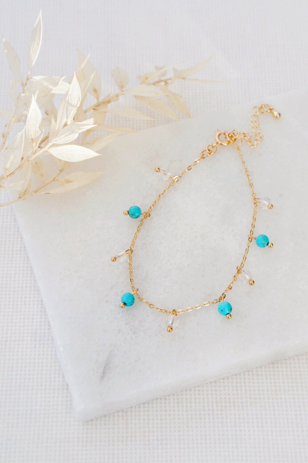 Gold Tone Turquoise &amp; Clear Quartz Bracelet