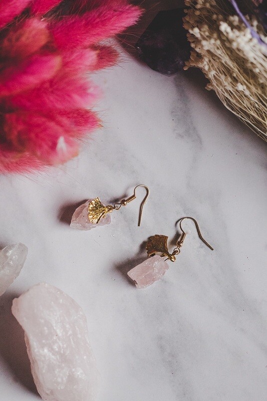 Gold Tone Rose Quartz Rock Statement Earrings