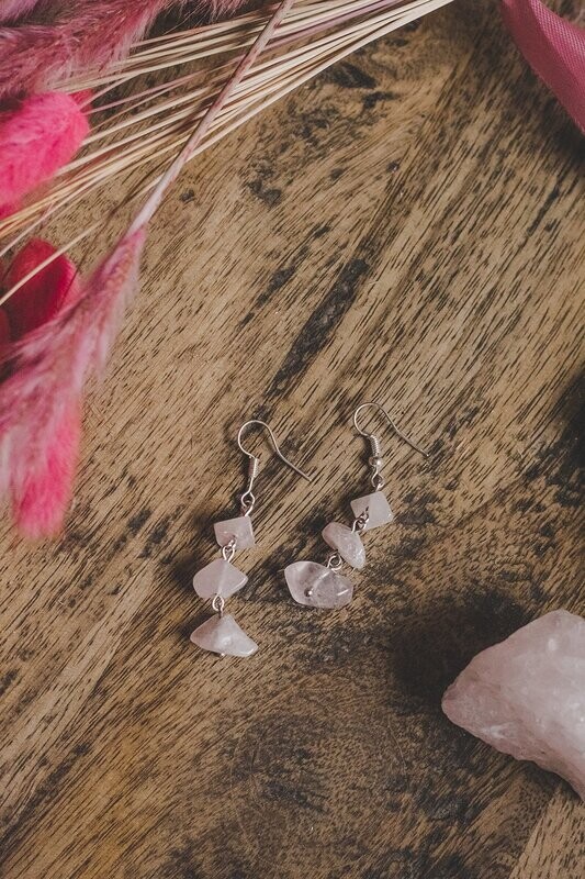 925 Sterling Silver &amp; Rose Quartz 3 Drop Semi Precious Stone Earrings
