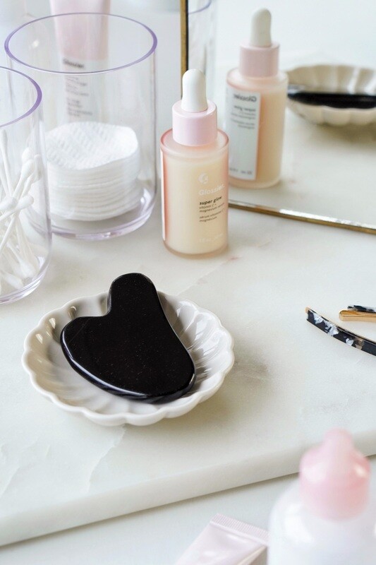 Black Obsidian Crystal Gua Sha with Black Skull Pouch