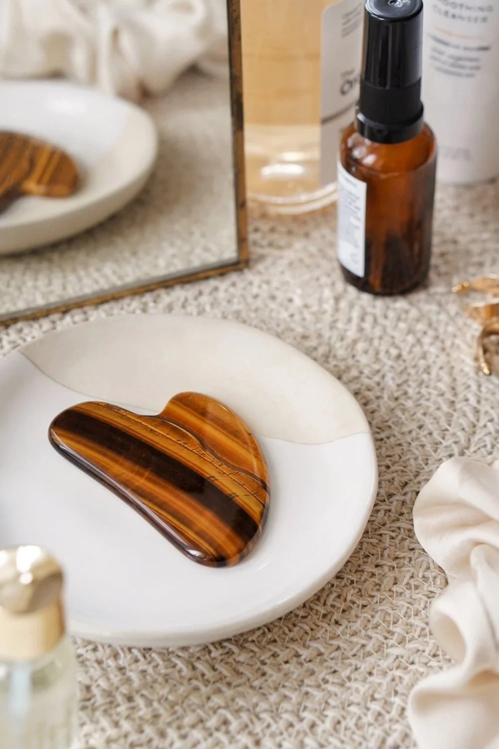 Tigers Eye Crystal Gua Sha with Black Skull Pouch