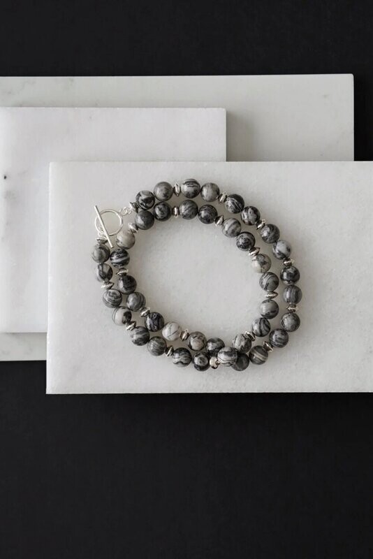 Mens 925 Sterling Silver Picasso Jasper Double Wrap Crystal Bracelet