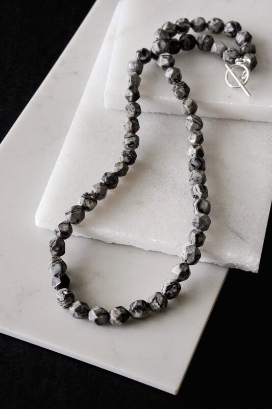 Mens 925 Sterling Silver Hexagonal Picasso Jasper Crystal Necklace