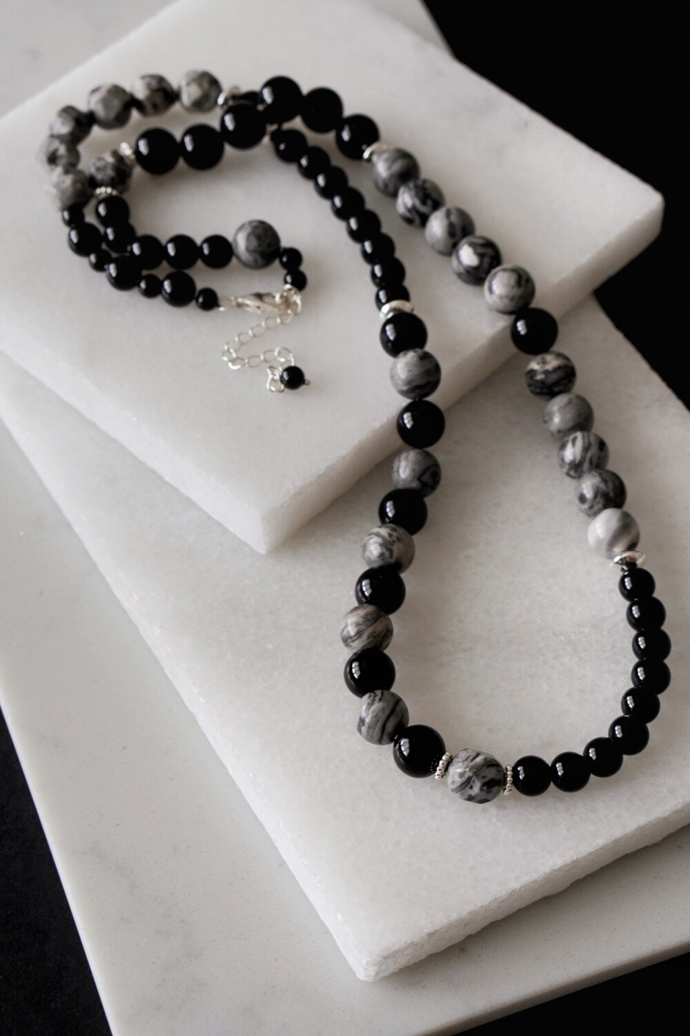 Mens 925 Sterling Silver Multi Picasso Jasper And Black Onyx Necklace