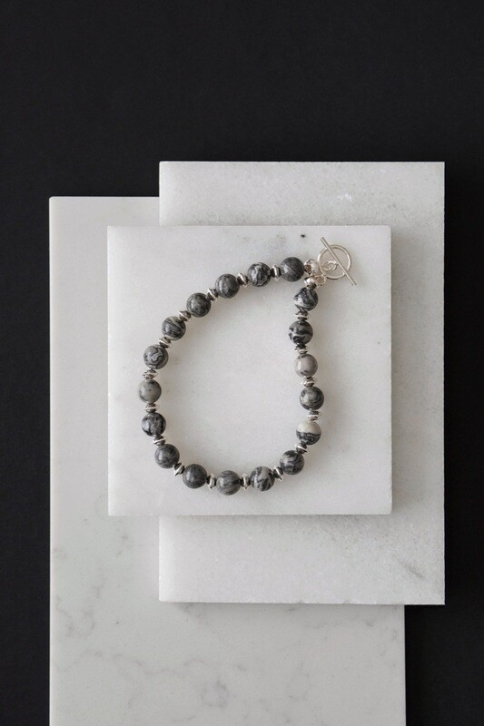 Mens 925 Sterling Silver Picasso Jasper Crystal Bracelet