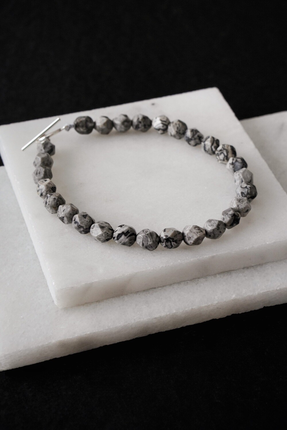 Mens 925 Sterling Silver Hexagonal Picasso Jasper Crystal Bracelet
