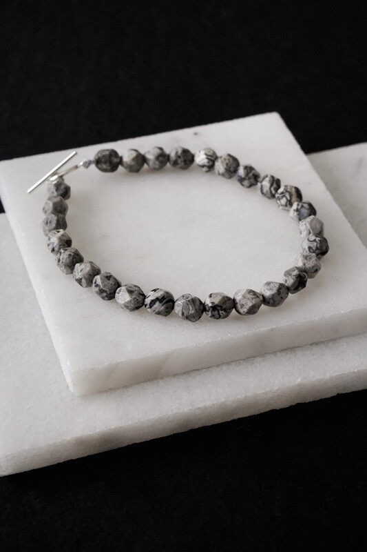 Mens 925 Sterling Silver Hexagonal Picasso Jasper Crystal Bracelet