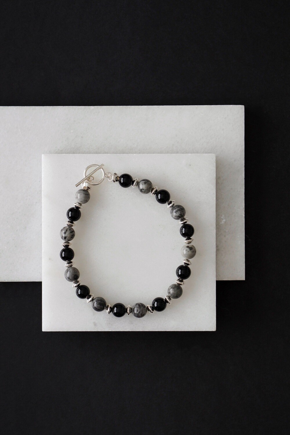 Mens 925 Sterling Silver Picasso Jasper and Black Onyx Crystal Bracelet
