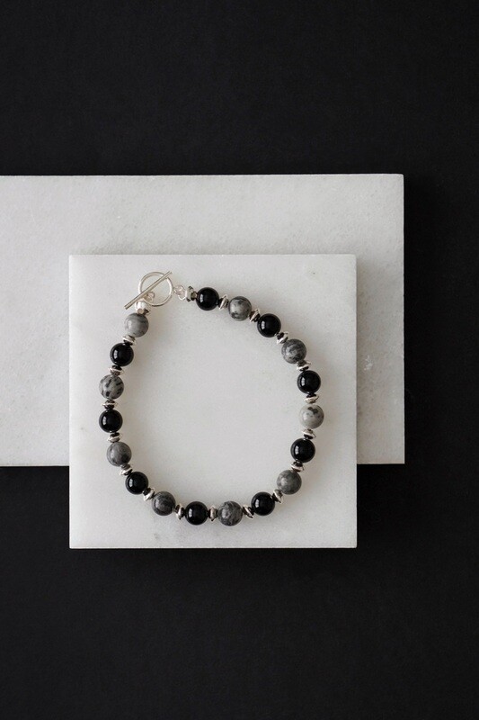 Mens 925 Sterling Silver Picasso Jasper and Black Onyx Crystal Bracelet