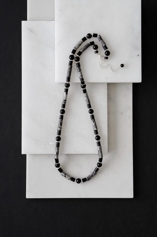 Mens 925 Sterling Silver Picasso Jasper And Black Onyx Crystal Necklace