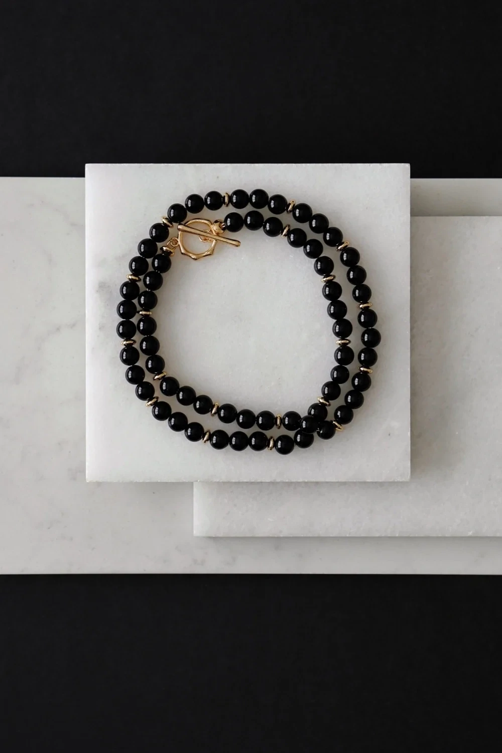 Mens Gold Tone Black Onyx Triple Space Wrap Crystal Bracelet