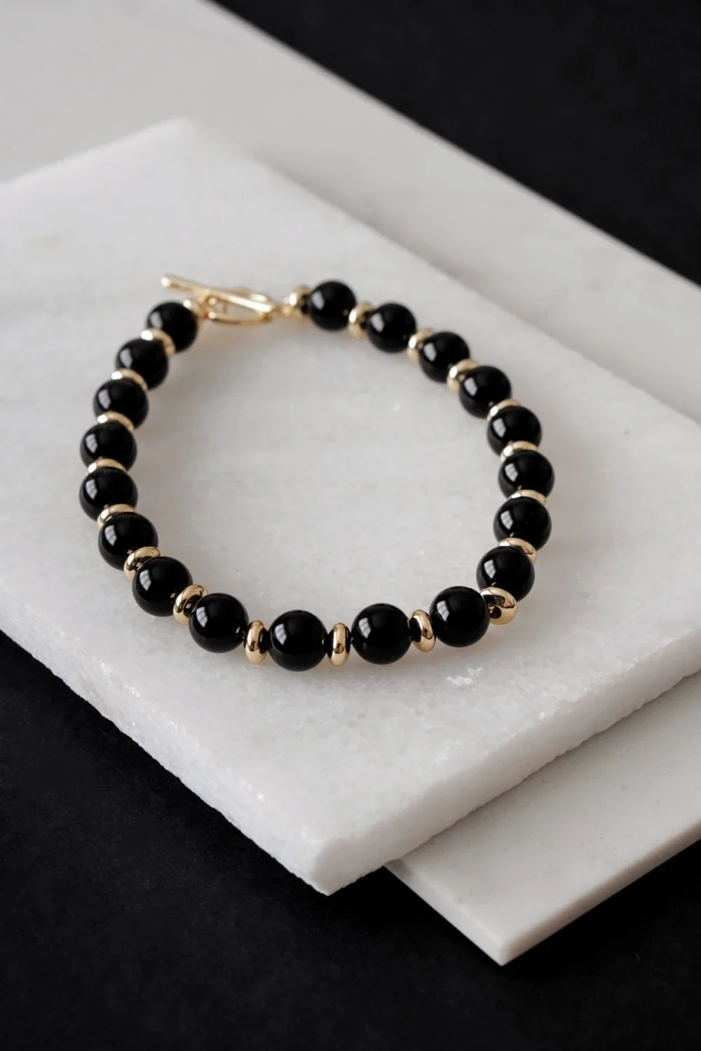 Mens Gold Tone Black Onyx Crystal Bracelet