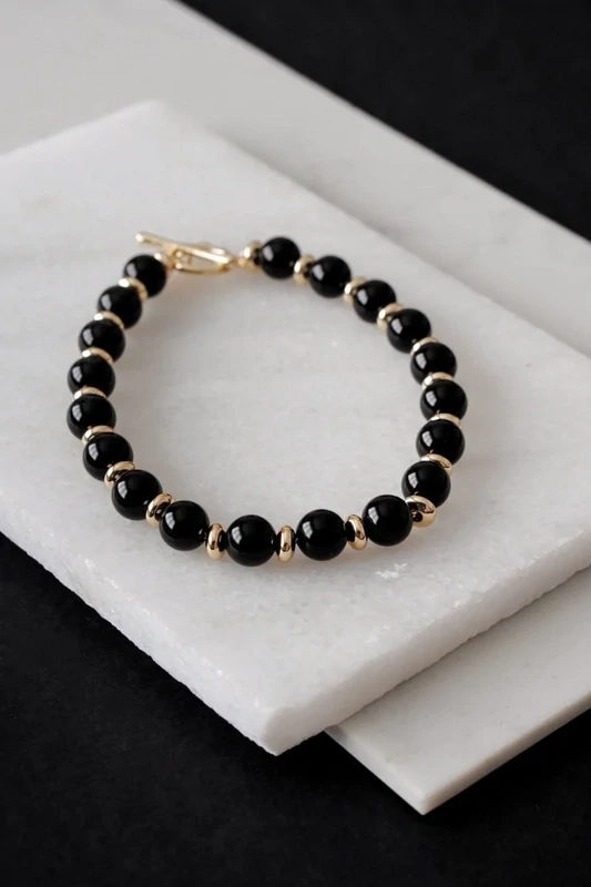 Mens Gold Tone Black Onyx Crystal Bracelet