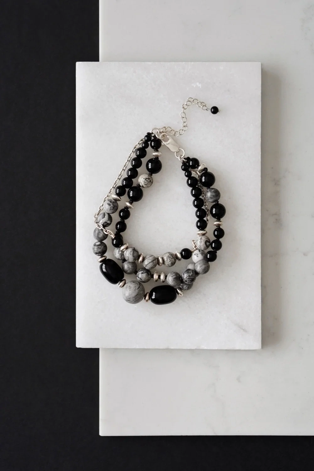 Mens 925 Sterling Silver Picasso Jasper and Black Onyx Layer Bracelet