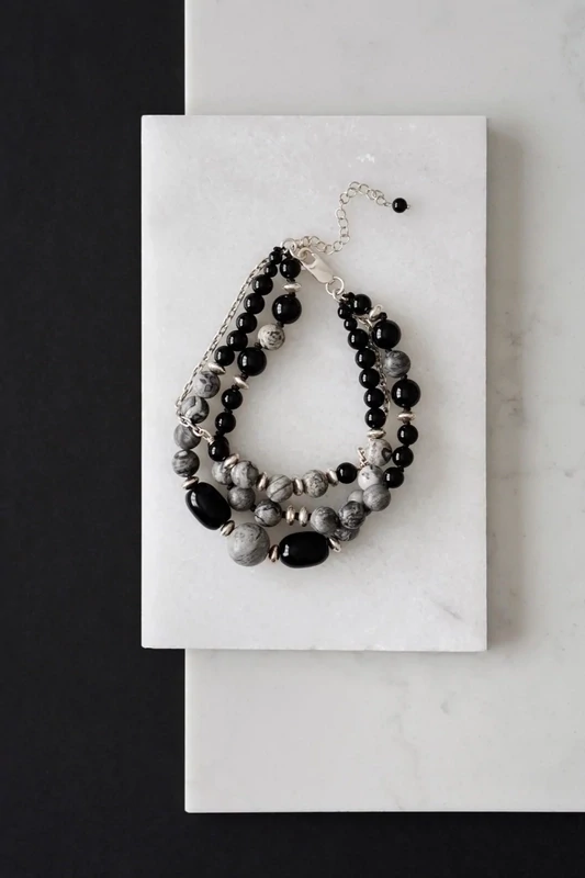 Mens 925 Sterling Silver Picasso Jasper and Black Onyx Layer Bracelet