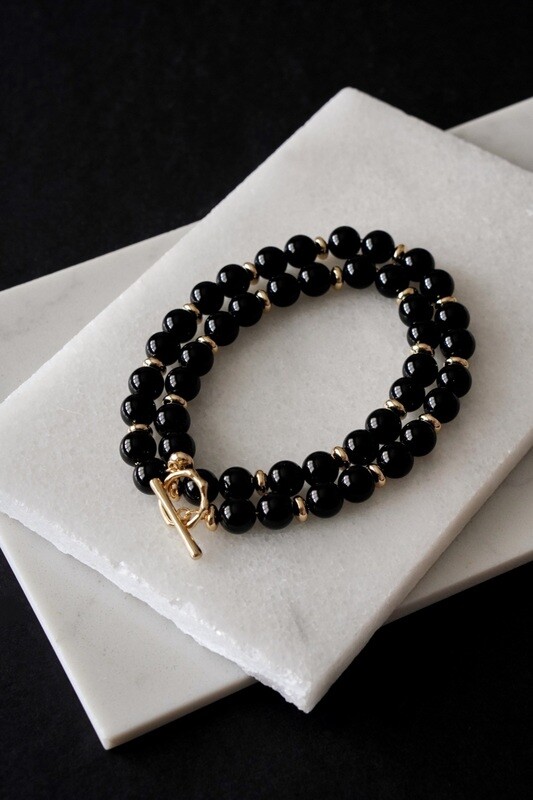 Mens Gold Tone Black Onyx Double Wrap Crystal Bracelet
