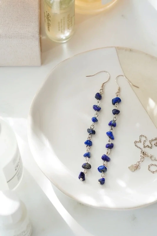 925 Sterling Silver Lapis Lazuli Crystal Chip Dropper Earrings