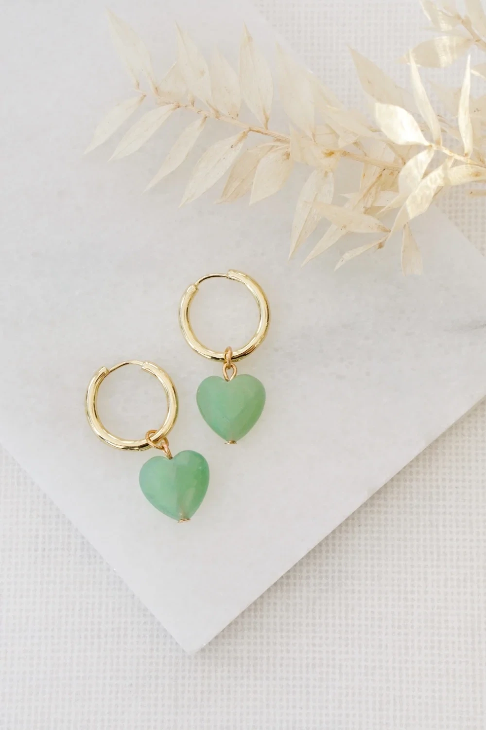Gold Tone Chunky Hoop and Aventurine Heart Earrings