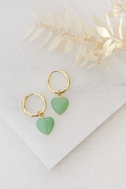 Gold Tone Chunky Hoop and Aventurine Heart Earrings