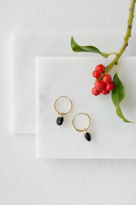 Gold Tone Black Obsidian Chunky Hoop Drop Earrings