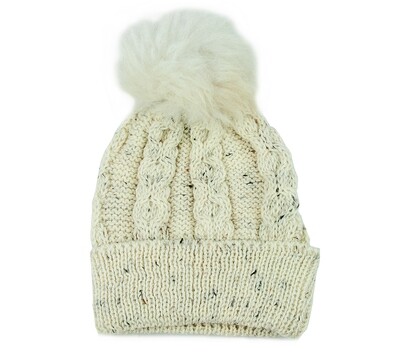 100 % Wool Aran Beanie w Sheepskin Bobble