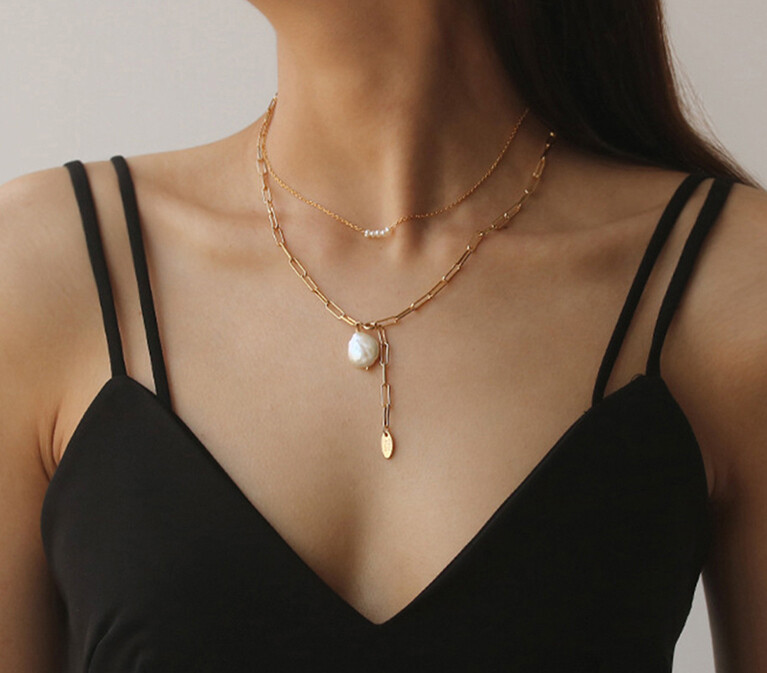 Freshwater Pearl Drop Necklace with Drop Chain in 18K Gold Plate