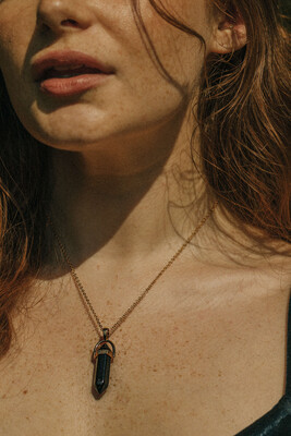 Gold Tone &amp; Black Agate Crystal Point Necklace