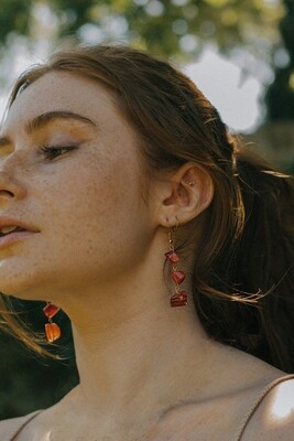 Gold Tone Orange Agate 3 Drop Semi Precious Stone Earrings