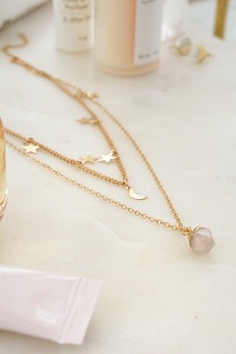 Gold Tone Rose Quartz Pendant Moon &amp; Star Pendant Necklace