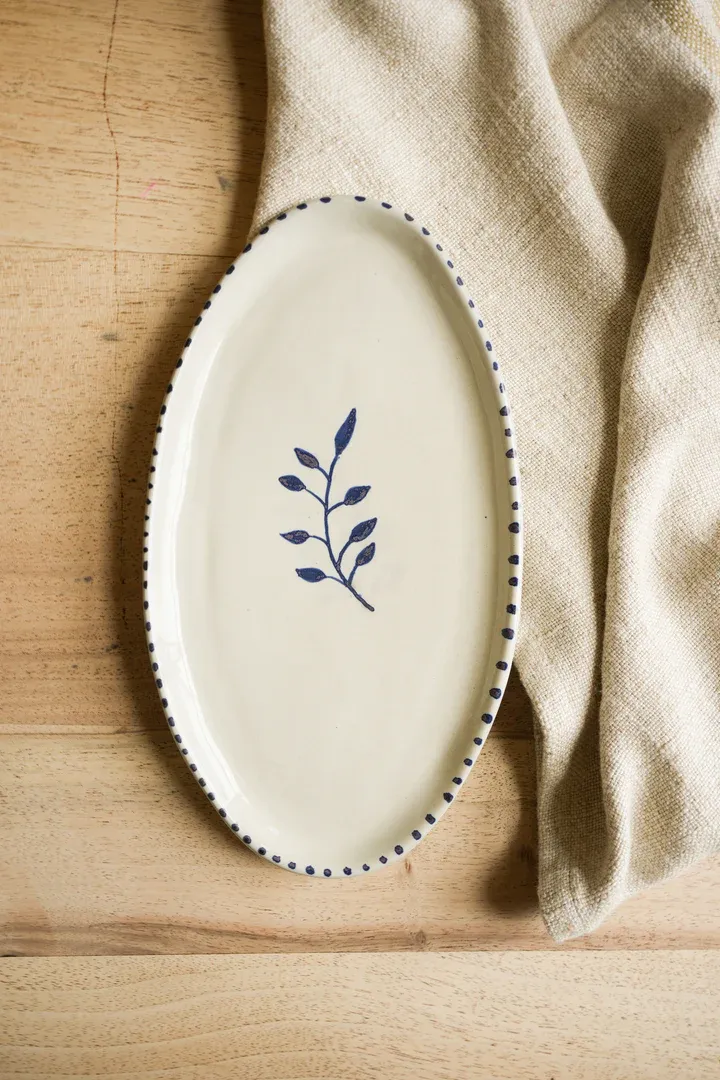 Hand Painted Botanic Oval Plate - Ink   Pre-Order
