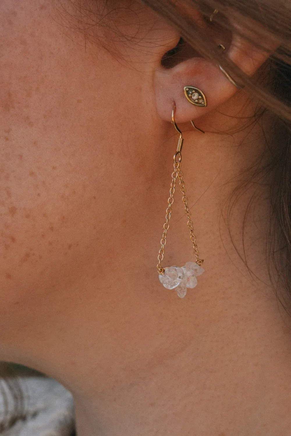 Gold Tone Clear Quartz Crystal Earrings