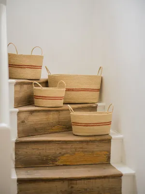 🧺 Harbor Stripe Seagrass Oval Basket – Navy &amp; Red (Set of 4)