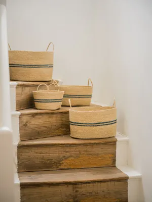 🧺 Harbor Stripe Seagrass Oval Basket – Navy &amp; Red (Set of 4)