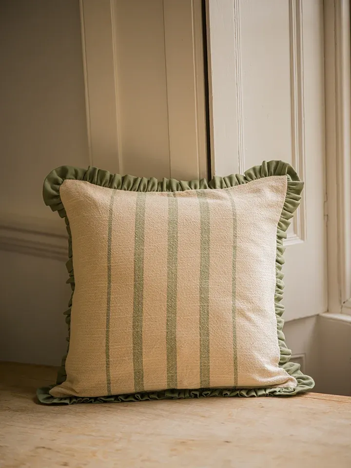 Rustic Stripe Ruffle Cushion – 45×45 (Sage, Brick &amp; Denim)   Pre-Order