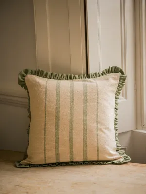 Rustic Stripe Ruffle Cushion – 45×45 (Sage, Brick &amp; Denim)   Pre-Order