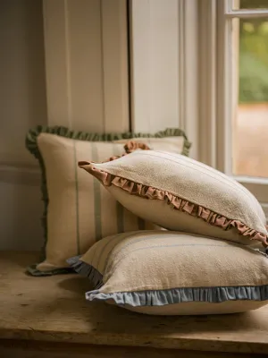 Rustic Stripe Ruffle Cushion – 45×45 (Sage, Brick &amp; Denim)   Pre-Order