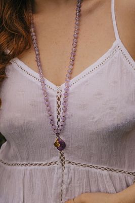 Amethyst Long Length Crystal Necklace with Gold Tone Ginkgo Leaf