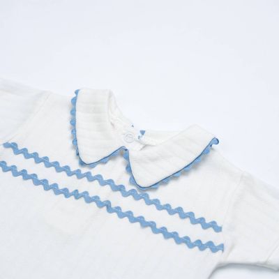 Short‑Sleeve Cotton Romper — White with Blue Trim