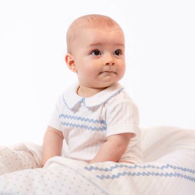 Short‑Sleeve Cotton Romper — White with Blue Trim