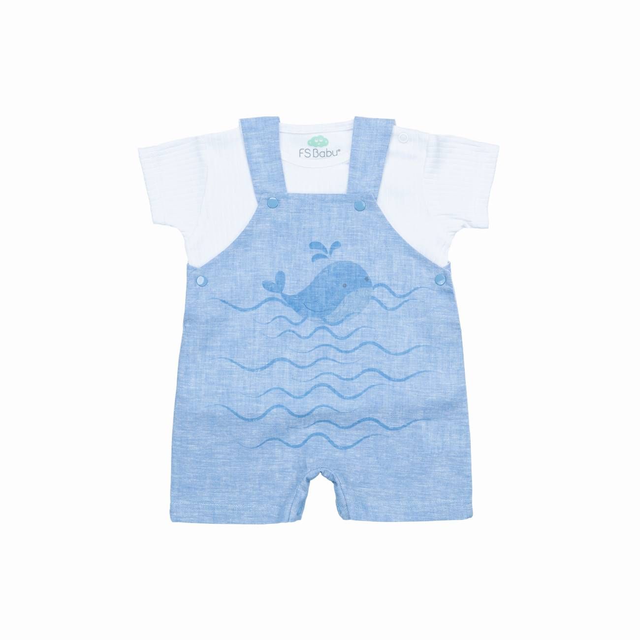 Linen Overall + T‑Shirt Set — Whale Print