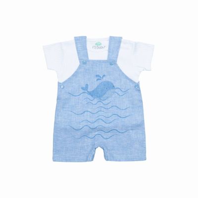 Linen Overall + T‑Shirt Set — Whale Print
