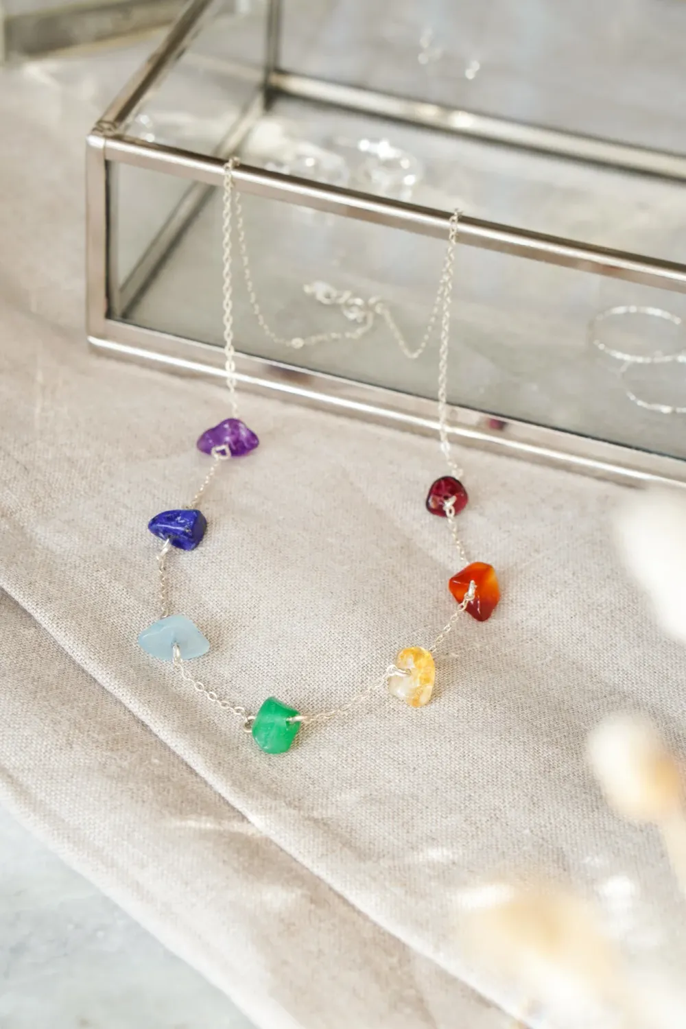 925 Sterling Silver 7 Chakra Raw Stone Crystal Necklace