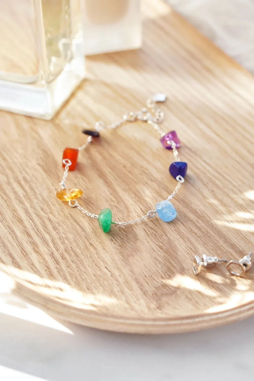 925 Sterling Silver 7 Chakra Raw Stone Crystal Bracelet