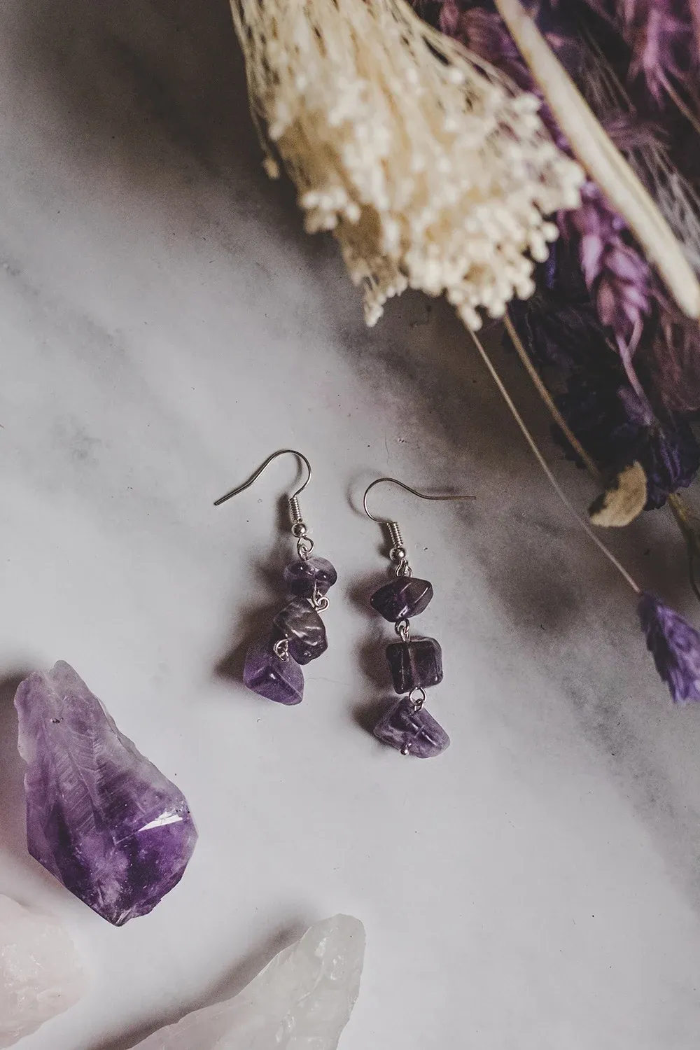 925 Sterling Silver &amp; Amethyst 3 Drop Semi Precious Stone Earrings
