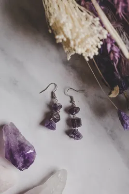 925 Sterling Silver &amp; Amethyst 3 Drop Semi Precious Stone Earrings