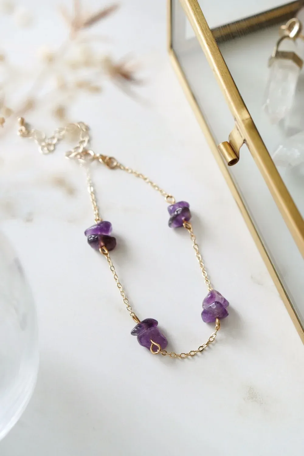 Gold Tone Raw Amethyst Crystal Link Bracelet